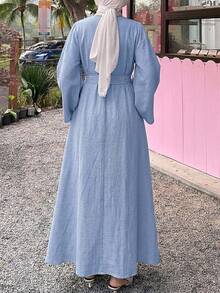 Dazy Maternity Solid Color Loose Long Sleeve Belt Tie Elegant Vacation Daily Spring Autumn Maternity Dress - Blue - View 2