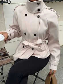 SHEIN EZwear 杏白色編織雙排扣女款夾克 - 杏色 - 查看 4