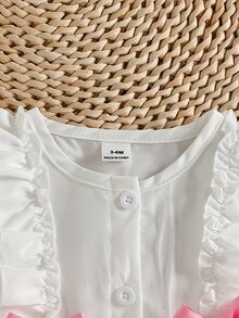 SHEIN Playful Pals 1件新生女嬰白色圓領鈕扣收腰長袖洋裝，深藍色花卉刺繡，荷葉邊裙襬，蝴蝶結裝飾，可愛休閒甜美韓風優雅洋裝，適合春秋日常穿著、外出、旅行、度假、派對等場合 - 粉色 - 查看 6