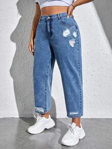 SHEIN EZwear 大尺碼女款休閒日常牛仔褲，附口袋、鈕扣與破洞設計 - 藍色 - 查看 3