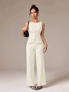 SHEIN PETITE 女款純色圓領單排扣背心與長褲優雅通勤套裝，夏秋服飾套組，辦公室穿著商務休閒兩件式 - 米色 - 查看 5