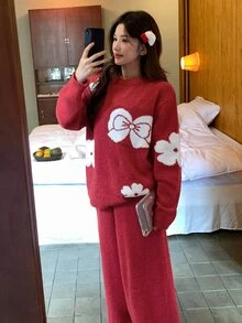 DAZY Autumn/Winter Soft & Cozy Floral Bow Half-Fleece 2 Pieces Pajama Set Loungewear For Women - Red - View 7