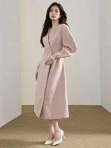 Feyla Women's Solid Color V-Neck Casual Party Dress - Dusty Pink - View 5