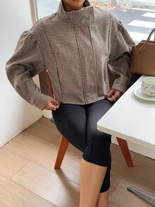 SHEIN EZwear 棕色千鳥格女款長袖休閒大衣 - 摩卡棕 - 查看 6