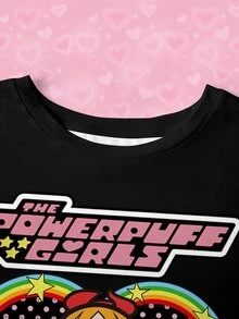 THE POWERPUFF GIRLS X SHEIN 波普藝術趣味卡通印花黑色短袖大尺碼T恤 - 白色 - 查看 5
