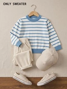 SHEIN 小男孩條紋拼接休閒日常長袖針織衫 - 彩色 - 查看 1