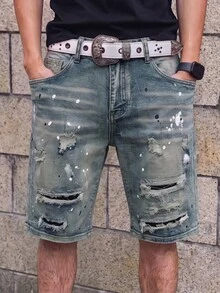 Manfinity EMRG 男士休閒做舊牛仔短褲，附口袋 - 淺色水洗藍 - 查看 3