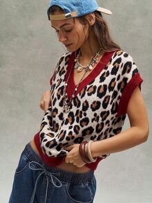 Bohemela Women's Leopard Print Fashion Retro Streetwear Ribbed Patchwork Knit Top Going Out Black And White Leopard Print Autumn - Multicolor - View 8
