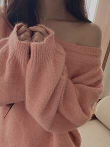 DAZY Women's Solid Color Loose Asymmetric Neck Long Sleeve Lantern Sleeve Casual Vacation Autumn/Winter Knit Sweater - Pink - View 5