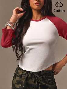 Athîral Women's Round Neck Contrast Color Raglan Sleeve Curved Hem Casual Streetwear T-Shirt, Back To School Weekend Everyday, 3/4 Sleeve, Fall White And Red - Beige - View 6
