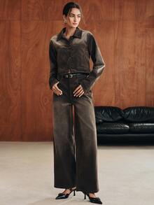 Anewsta Women's New Fashion Dark Brown Long Sleeve Denim Jacket - Brown - View 4