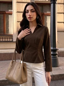 Elenzga Women's Solid Color Short Tweed Shirt - Brown - View 5