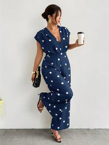 Firerie Plus Size Women Polka Dot Print V-Neck Wide Leg Jumpsuit - Navy Blue - View 5