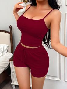 SweetSlumber 休閒極簡風女款細肩帶居家服套裝 - 紅色 - 查看 3
