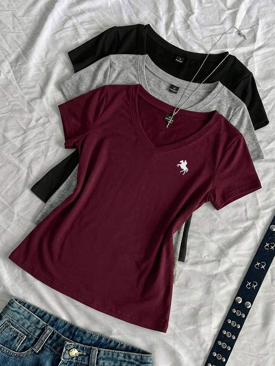 SHEIN EZwear 3件組女款夏季V領修身T恤，龐克次文化動漫純色基礎款V領短袖修身T恤 - 彩色 - 查看 1