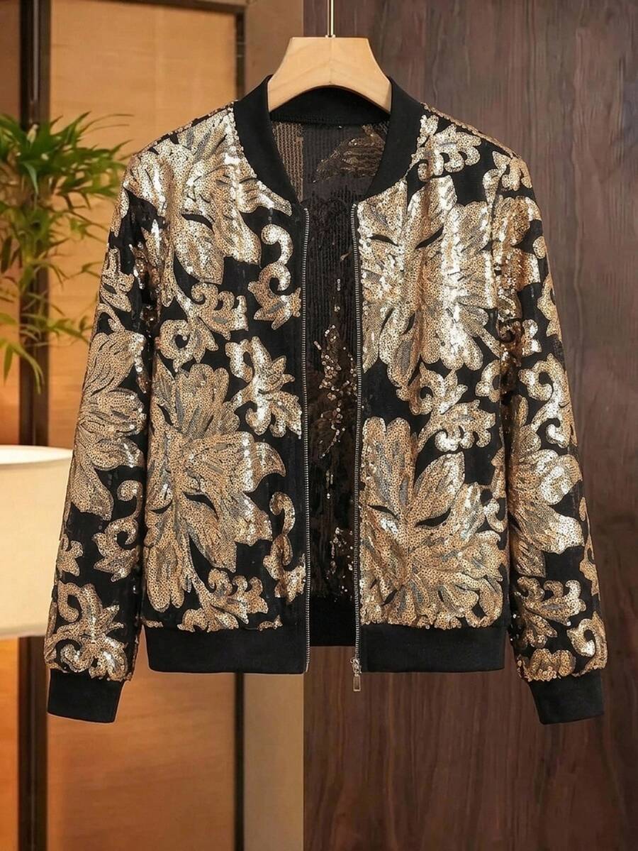 Comfylo 大尺碼女款花卉亮片前拉鍊休閒棒球夾克 - 金色 - 查看 1
