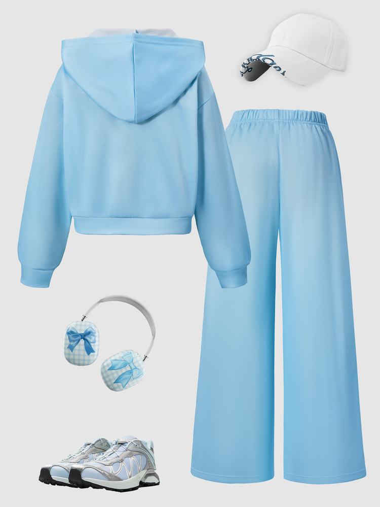 Sparklyn Tween Girls' Casual Fashion Hooded Long Sleeve Blue Jacket With Pony Print And Wide Leg Blue Pants With 4 Stripes On Left Side, 2 Pieces Set For Autumn/Winter - Blue - View 2