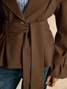 Poéselle Jaket Lengan Panjang Wanita Warna Polos Kasual Serbaguna untuk Sehari-hari - Coffee Brown - View 5