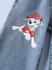 SHEIN | PAW Patrol Young Girl Cartoon Pattern Pocket Button Casual Daily Denim Jeans - Blue - View 6