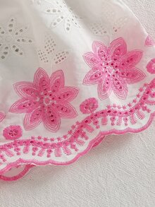 SHEIN Playful Pals 1件新生女嬰白色圓領鈕扣收腰長袖洋裝，深藍色花卉刺繡，荷葉邊裙襬，蝴蝶結裝飾，可愛休閒甜美韓風優雅洋裝，適合春秋日常穿著、外出、旅行、度假、派對等場合 - 粉色 - 查看 11