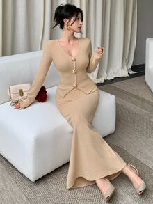 DAZY Women's V-Neck Sweater And Long Skirt Elegant 2 Pieces Set - Khaki - View 1