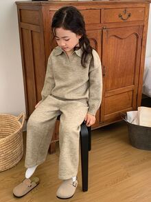 Dazy Kids Tween Girl) Casual Long Sleeve Sweater Top With Turn-Down Collar + Wide Leg Pants 2 Pieces Set - Apricot - View 7