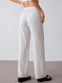 Breezaya Women's Drawstring Waist Striped Casual Versatile Cover-Up Long Pants - White - View 4
