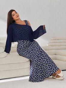 Solflare Casual Women Plus Size Floral Print Dress With Asymmetric Neck Top Set - Navy Blue - View 4