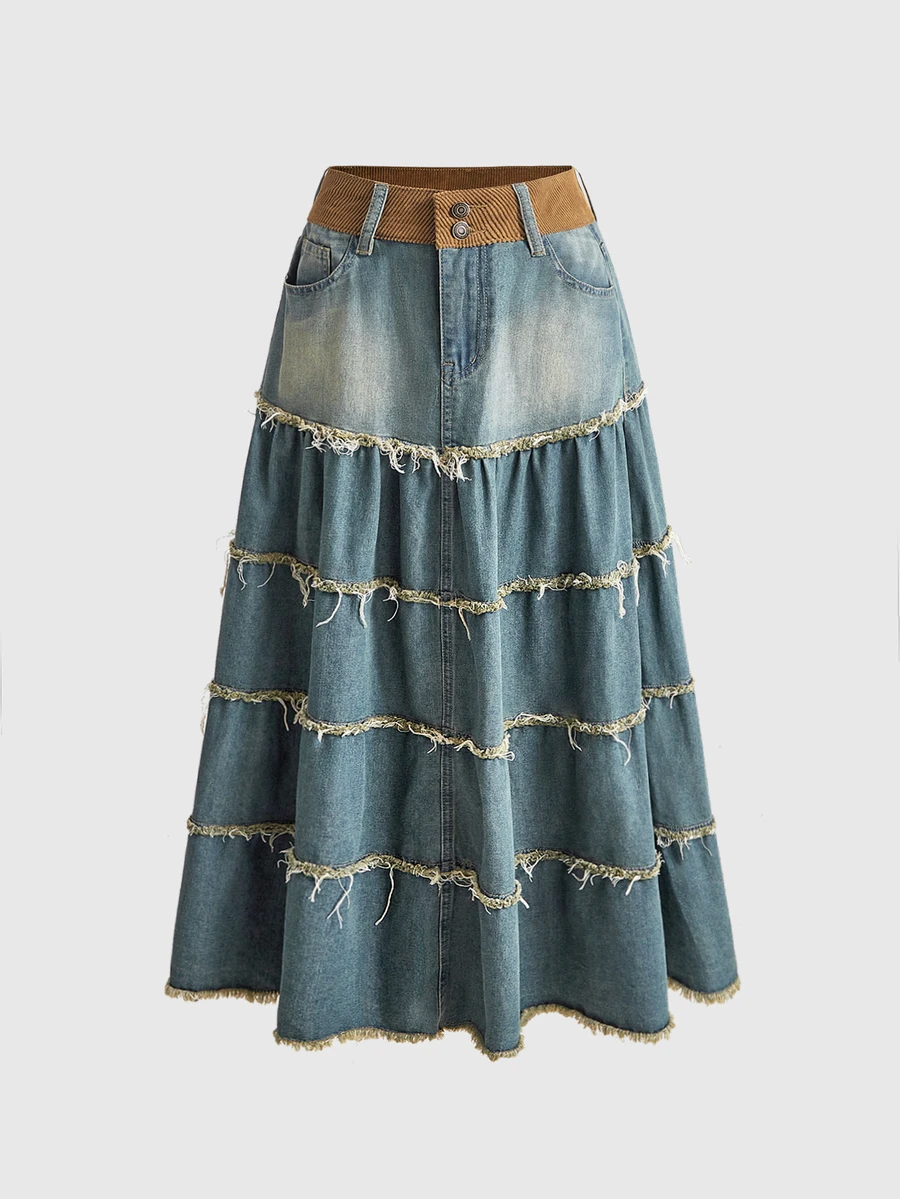 ROMWE Spring Summer Autumn Vintage Fairycore Multi-Layer Ruffle Patchwork A-Line Umbrella Skirt Long Skirt Retro Distressed Washed Denim Skirt For Women - Medium Wash - View 1