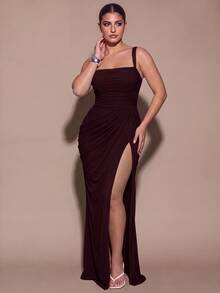 SHEIN BAE CURVE Plus Size Women Elegant Pleated Front Slit Dress For Date - Maroon - View 4