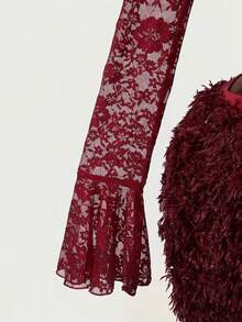Mistrie Setelan 2 Potong Renda Merah Chic Wanita Musim Gugur-Dingin Terbaru. Lengan terompet renda dirangkai, dengan desain berongga di bagian dada untuk tampilan yang menawan. - Burgundy - View 9
