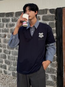 DAZY 春秋款 2合1 格紋布料襯衫，附領口與袖口，小刷毛身片，聯名圖案字母印花，學院風男士襯衫 - 彩色 - 查看 4