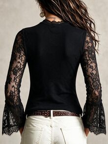 Balvessa Women's Fitted Lace Patchwork Long Sleeve Base Layer T-Shirt, Autumn/Winter - Black - View 2