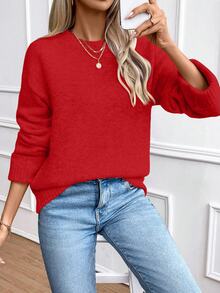 SHEIN 女款時尚紅色圓領捲袖羊毛混紡套頭毛衣，適合秋冬休閒購物、假日派對、約會 - 紅色 - 查看 6