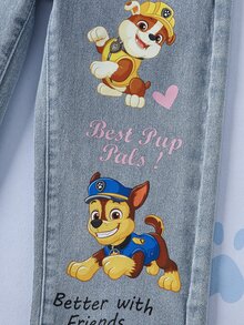 SHEIN | PAW Patrol Young Girl Letter Cartoon Pattern Pocket Casual Denim Jeans - Blue - View 6