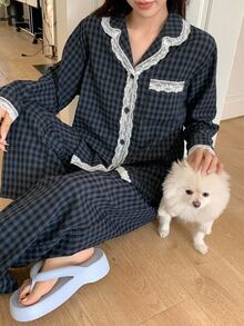 DAZY 2pcs Plaid Embroidered Pattern Pajama Set Fall - Navy Blue - View 4