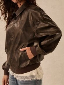 Easelle 女款復古波希米亞風寬鬆水洗做舊拉鍊口袋夾克 - 棕色 - 查看 5