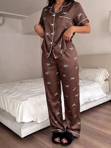 Dream Adore 女款仿絲條紋蝴蝶結前領短袖長褲睡衣套裝 - 咖啡棕 - 查看 3