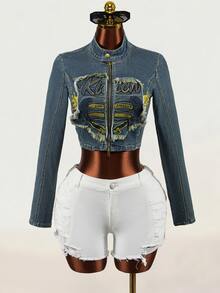 SHEIN Women's Letter Pattern Patchwork Casual Daily Denim Jacket - Blue - View 1