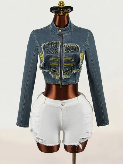 SHEIN Women's Letter Pattern Patchwork Casual Daily Denim Jacket