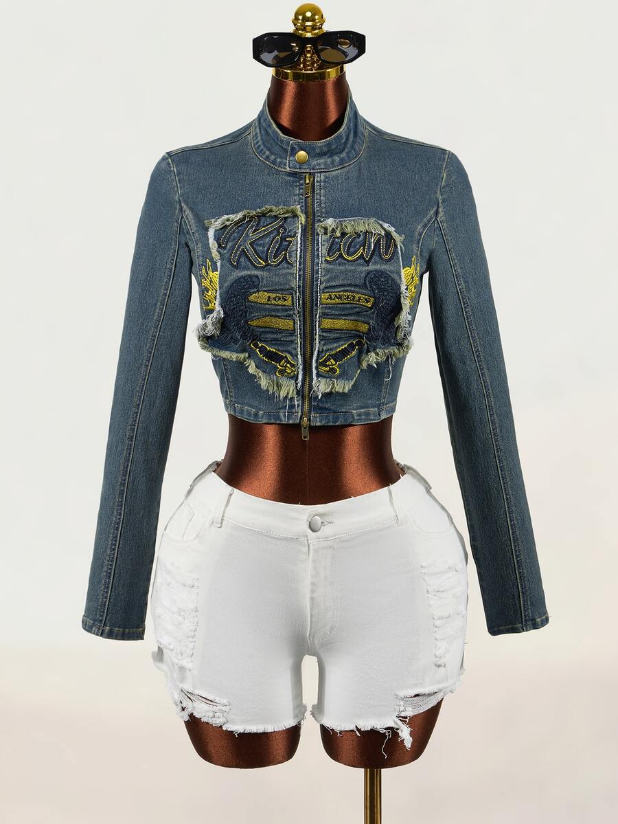 SHEIN Women's Letter Pattern Patchwork Casual Daily Denim Jacket - Blue - View 1