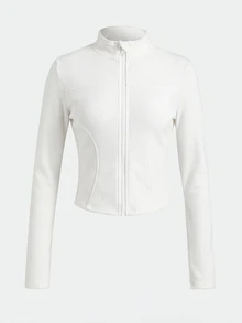 SHEIN Tween Girls Knit Black Stand Collar Long Sleeve Open Front Autumn Jacket - White - View 6