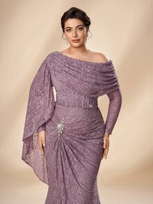 Serin Plus Size Elegant Lilac Lace Ruched Drop-Shoulder Long Sleeve Handmade Applique Beaded Mermaid Maxi Dress, Suitable For Formal Evening Party, Vacation, Wedding Event, Mother Of The Bride Gown - Lilac Purple - View 4