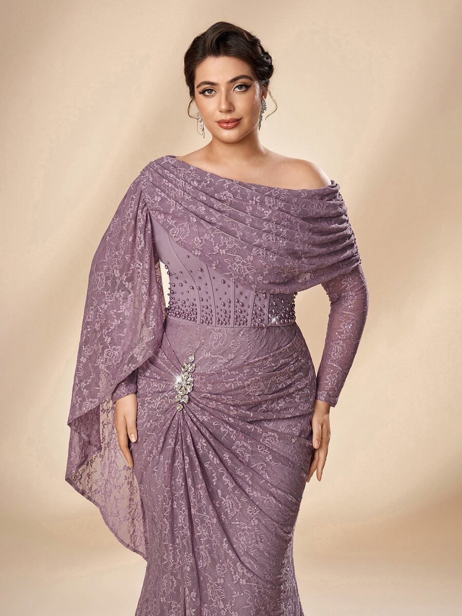 Serin Plus Size Elegant Lilac Lace Ruched Drop-Shoulder Long Sleeve Handmade Applique Beaded Mermaid Maxi Dress, Suitable For Formal Evening Party, Vacation, Wedding Event, Mother Of The Bride Gown