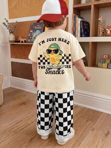 THE HAPPY LOOK 2pcs/Set Baby Boy Summer Street Style Cute Casual Knit Printed Pattern T-Shirt & Checkerboard Pants Set, Red Outfit, Streetwear Set, Infant Boy Set, Cute Outfit - Multicolor - View 7