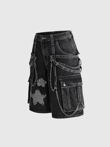 ROMWE Grunge Punk 音樂節穿搭 龐克金屬鉚釘 寬鬆寬腿牛仔中長褲 - 灰色 - 查看 6