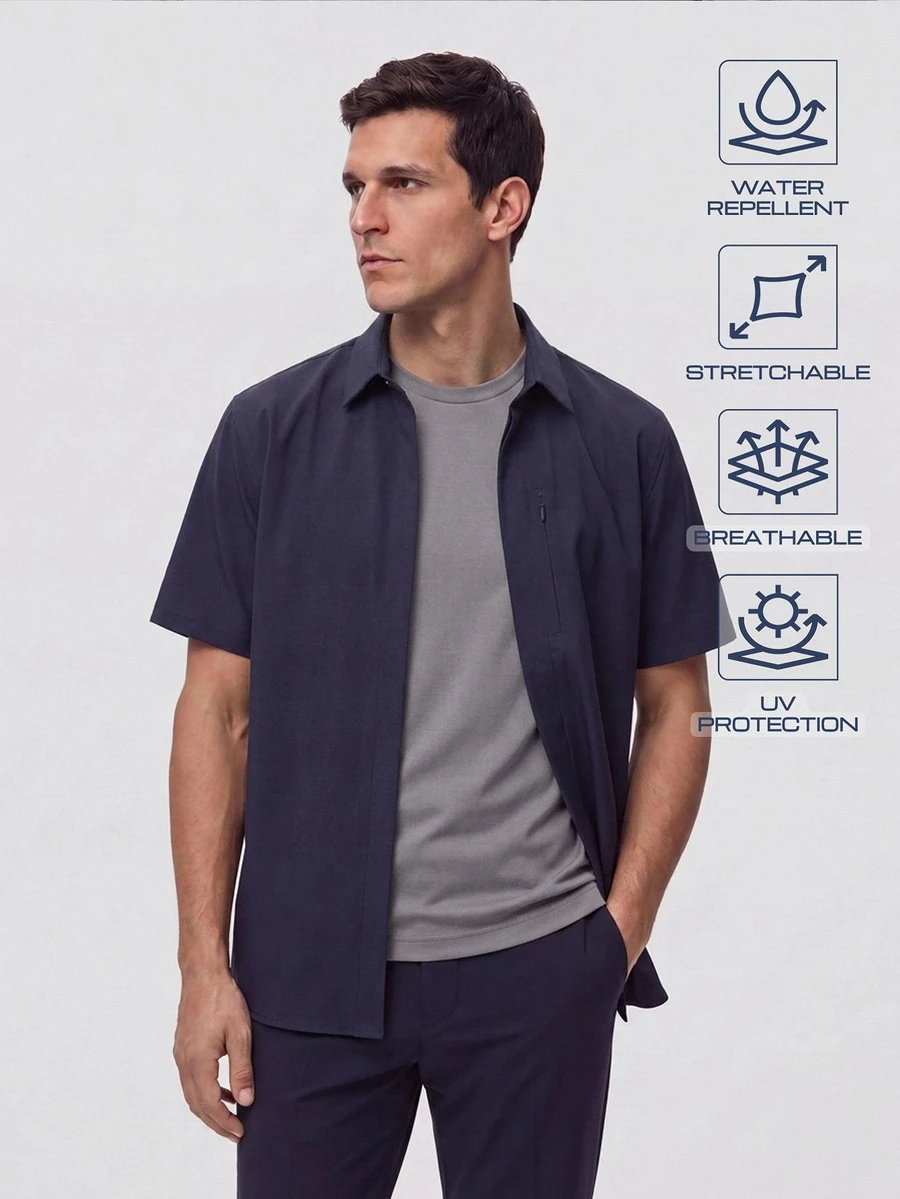 TekDrob Water Repellent & UV Protection Relaxed Shirt With Hidden Plackets And Front Single Pocket - Navy Blue - View 1