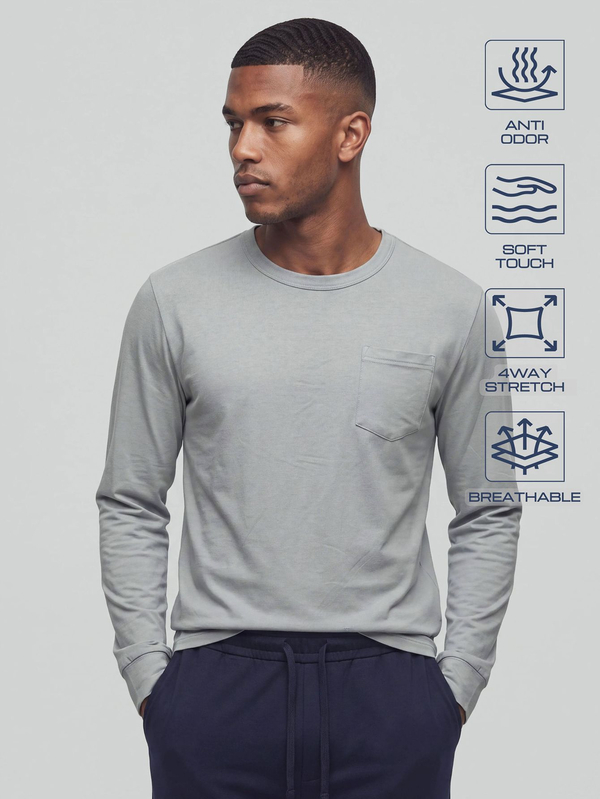 TekDrob Anti-Odor Straight Modal T-Shirt With Single Patch Pocket And Long Sleeves