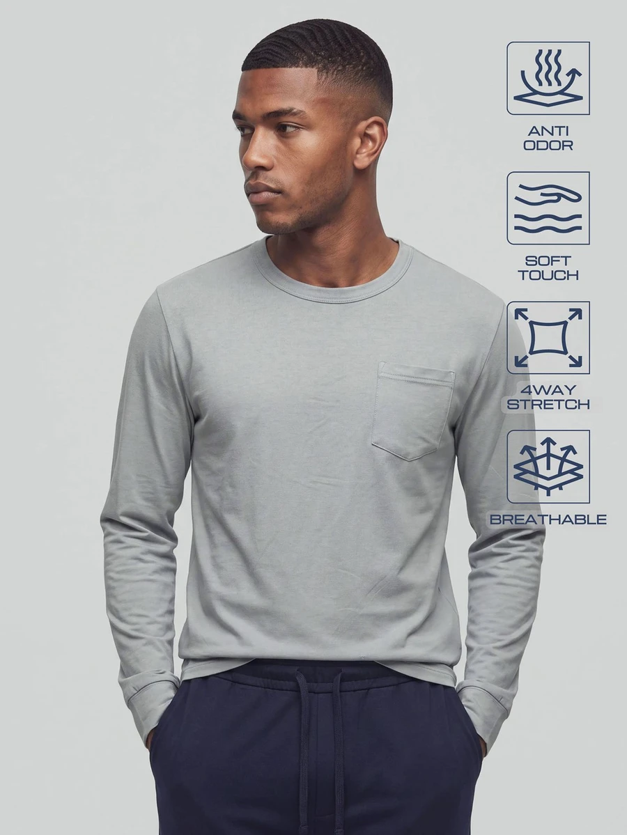 TekDrob Anti-Odor Straight Modal T-Shirt With Single Patch Pocket And Long Sleeves - Grey - View 1