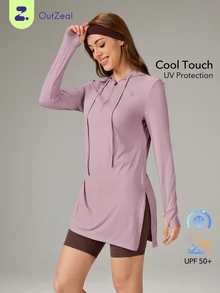 OutZeal 女款防曬運動外套 健身徒步用 UV 防護 涼感 T Touch 臀部長度連帽外套 - 淺灰紫 - 查看 1